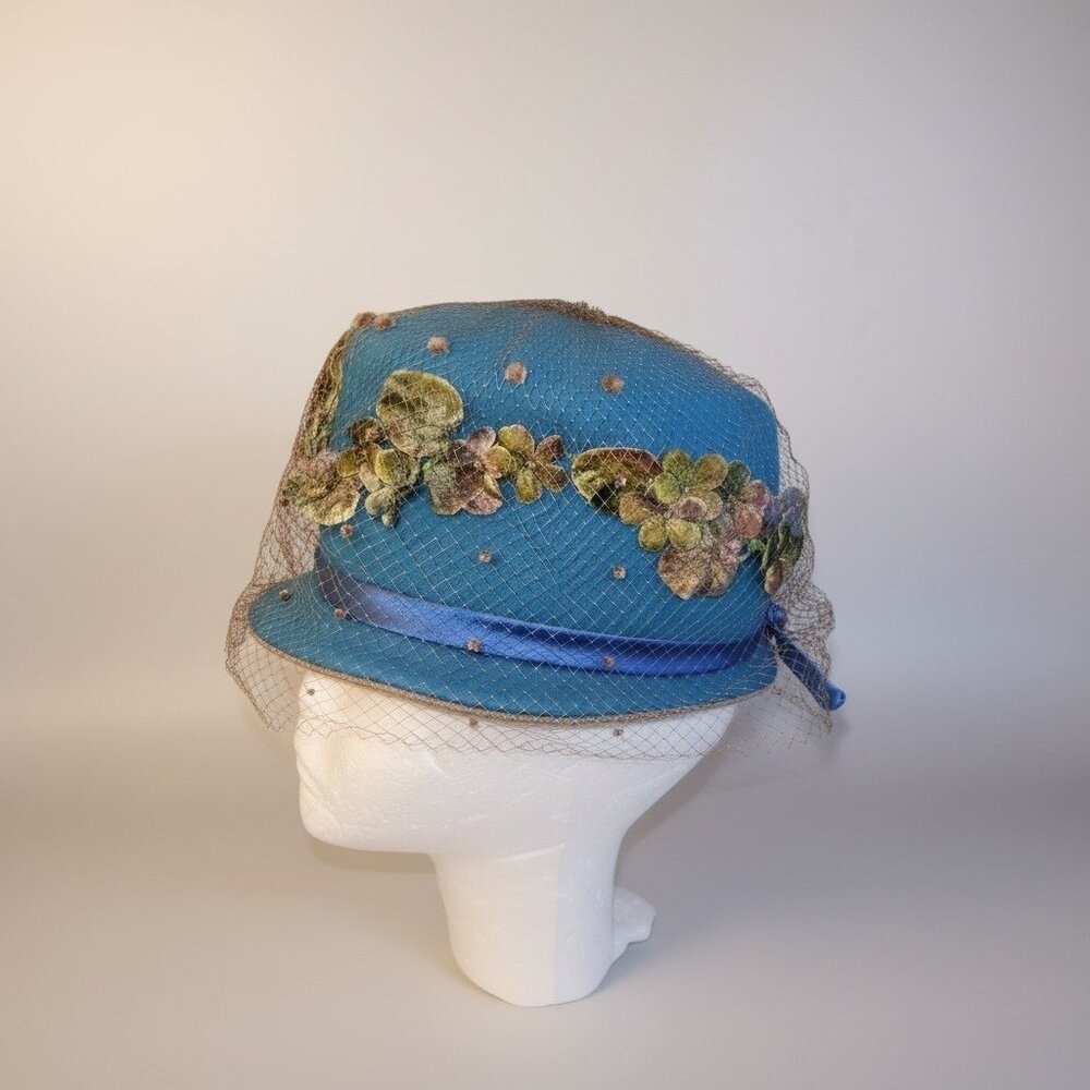 HENRY POLLAK WOOL Cloche HAT Designed By Doris OOAK '40S FLORAL TULLE Union Made